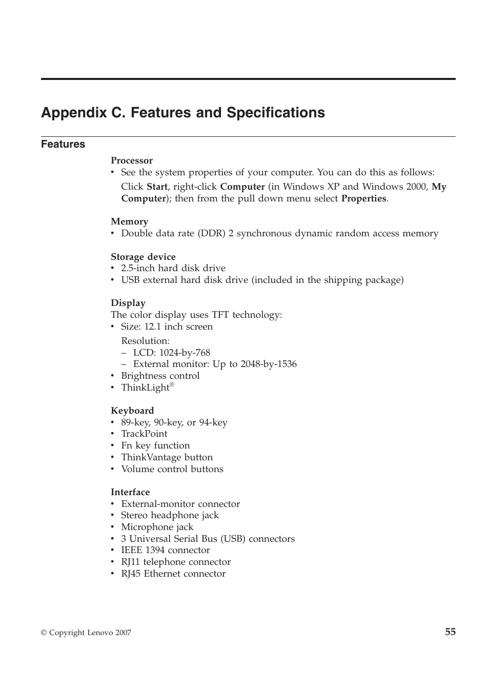 Appendix c. features and specifications | Lenovo ThinkPad Reserve Edition User Manual | Page 65 / 80