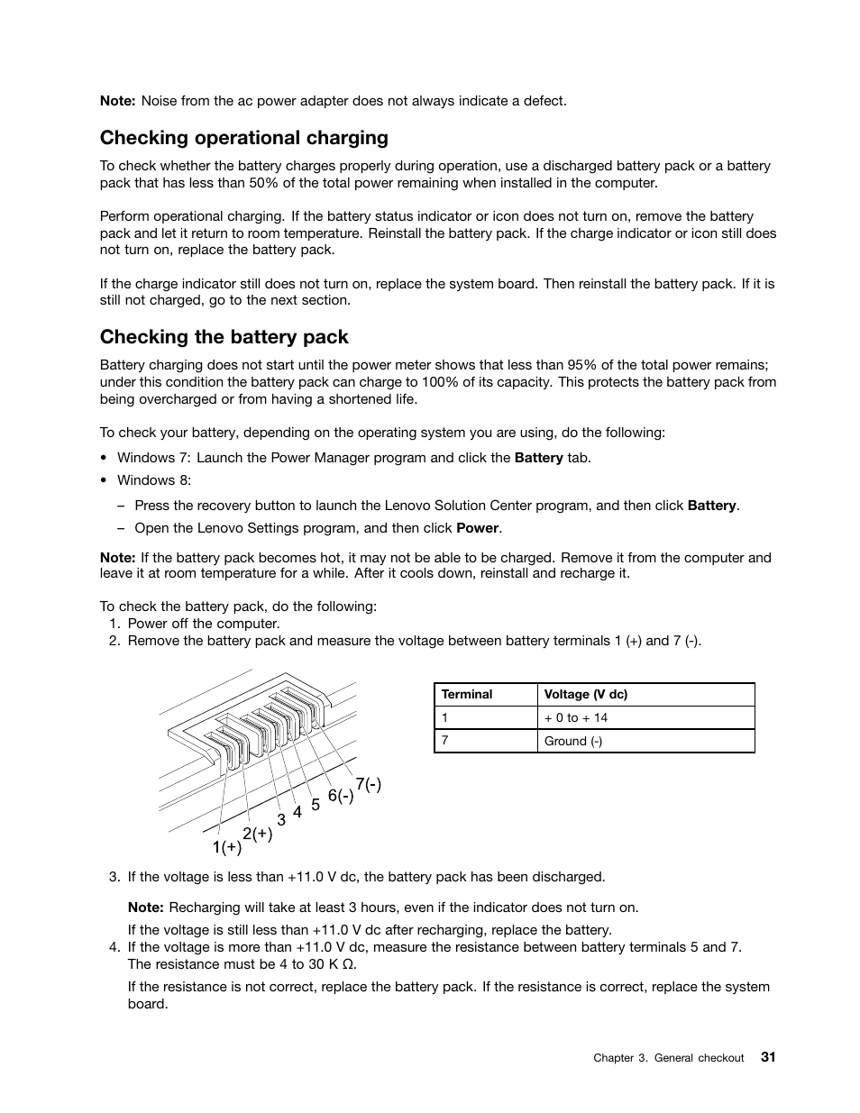 Checking operational charging, Checking the battery pack | Lenovo B590 Notebook User Manual | Page 37 / 104