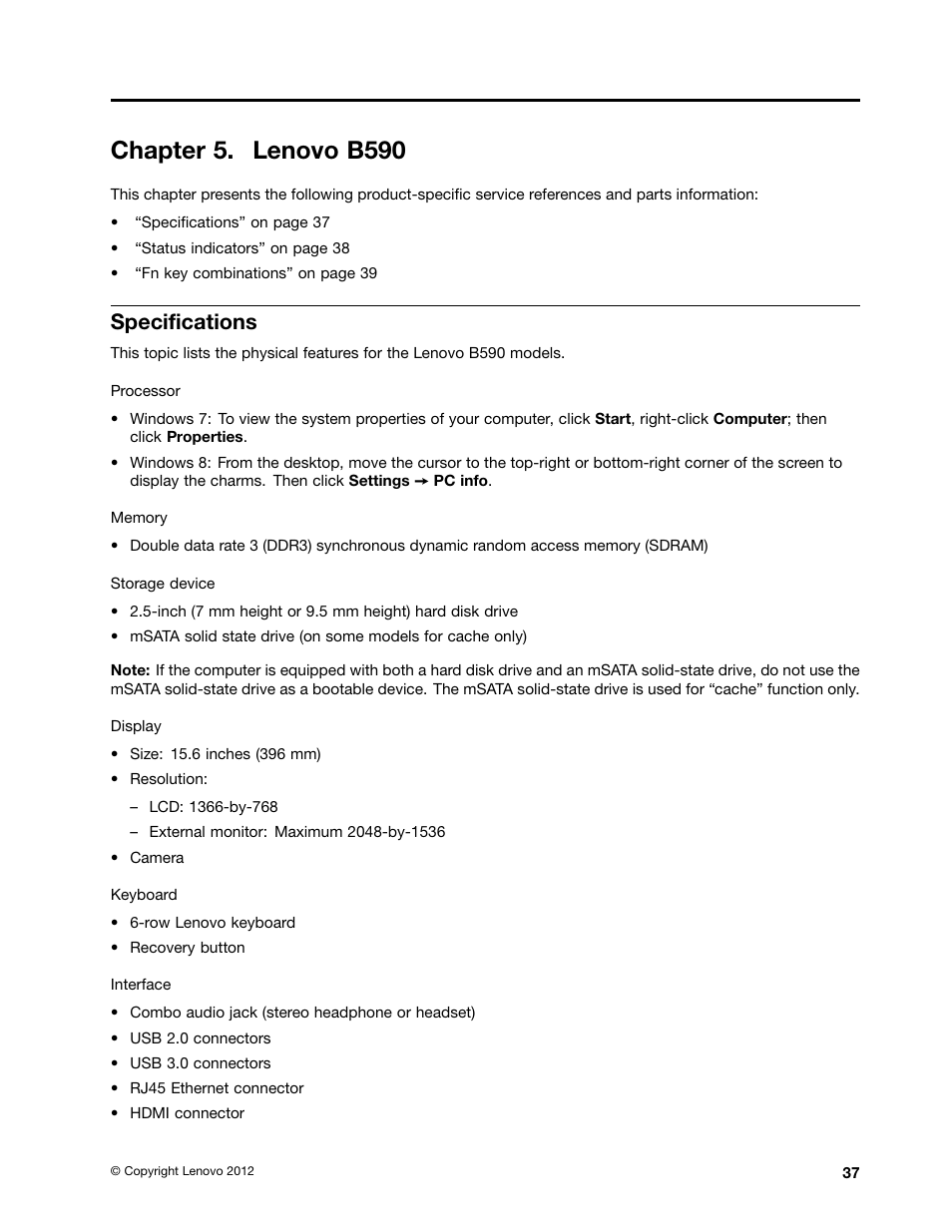 Chapter 5. lenovo b590, Specifications | Lenovo B590 Notebook User Manual | Page 43 / 104