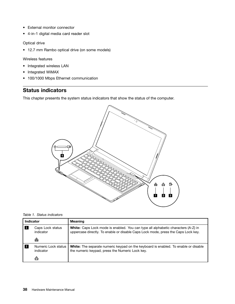 Status indicators | Lenovo B590 Notebook User Manual | Page 44 / 104