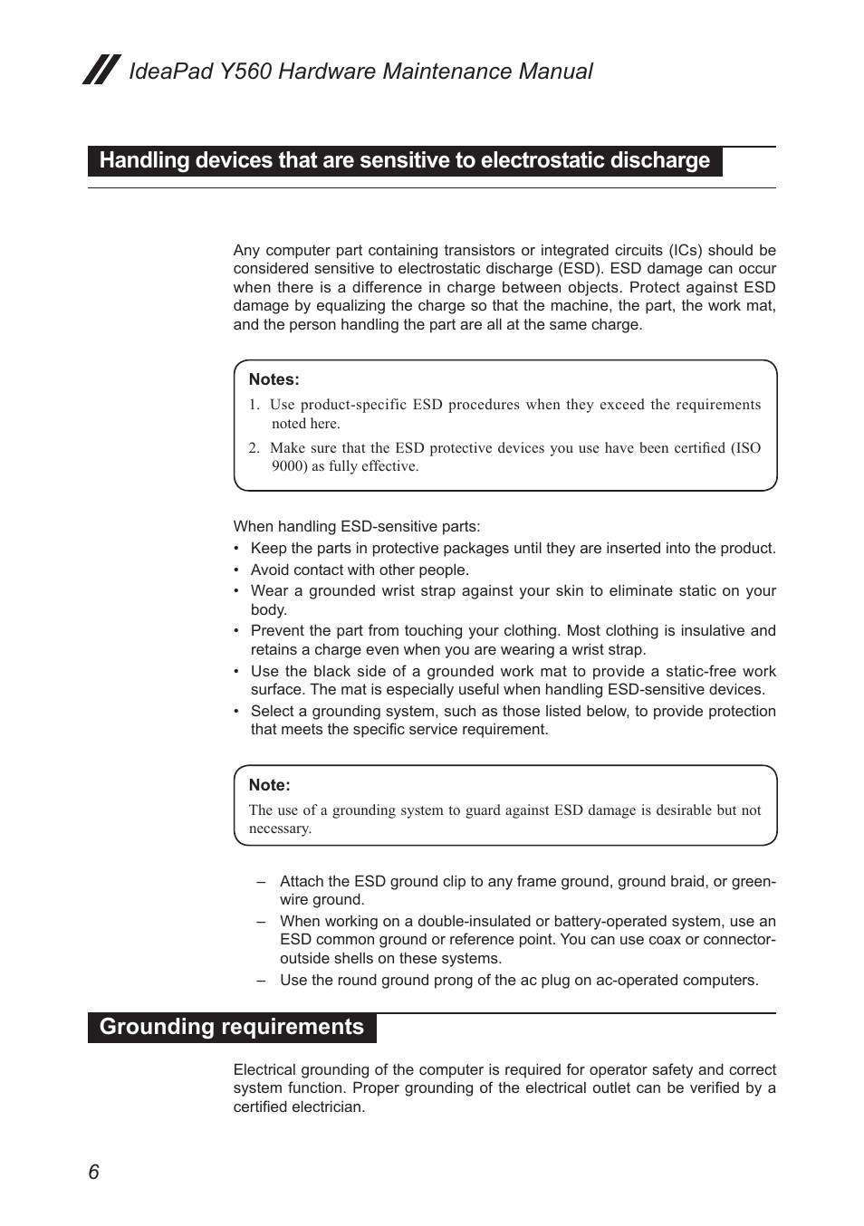Grounding requirements, Handling devices that are sensitive to, Electrostatic discharge | Lenovo IdeaPad Y560 User Manual | Page 10 / 103