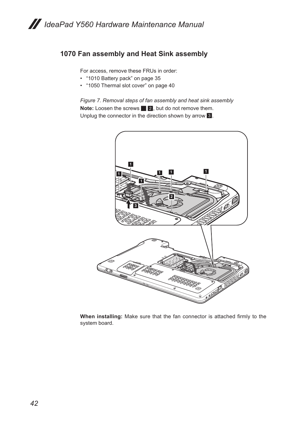 1070 fan assembly and heat sink assembly, Ideapad y560 hardware maintenance manual | Lenovo IdeaPad Y560 User Manual | Page 46 / 103