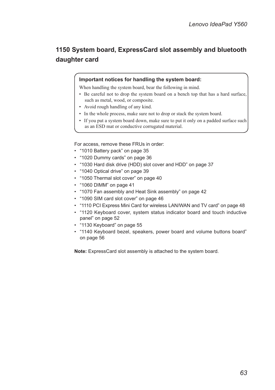 1150 system board, expresscard slot assembly, And bluetooth daughter card | Lenovo IdeaPad Y560 User Manual | Page 67 / 103