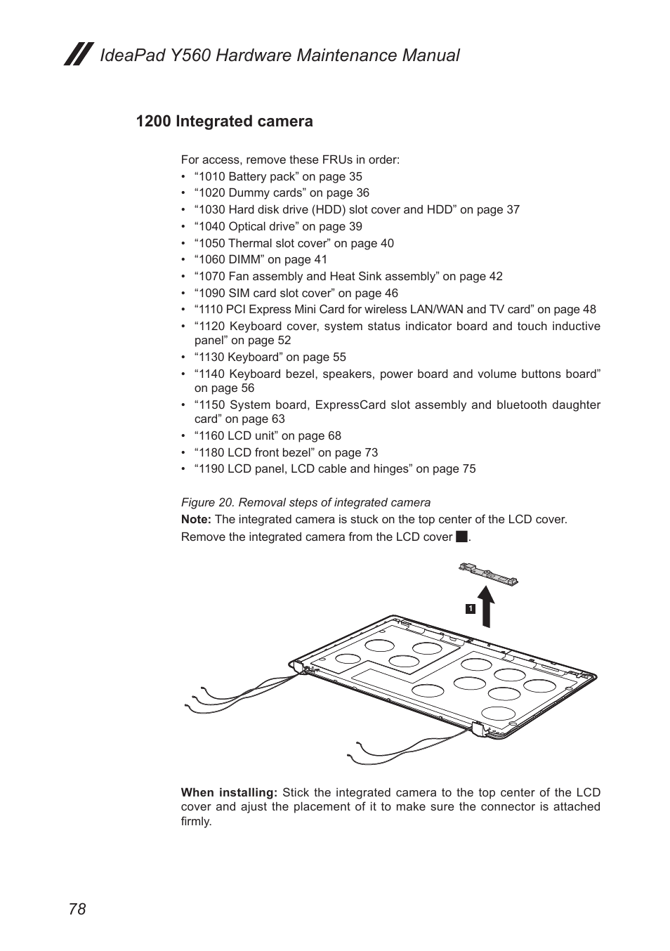 1200 integrated camera, Ideapad y560 hardware maintenance manual | Lenovo IdeaPad Y560 User Manual | Page 82 / 103