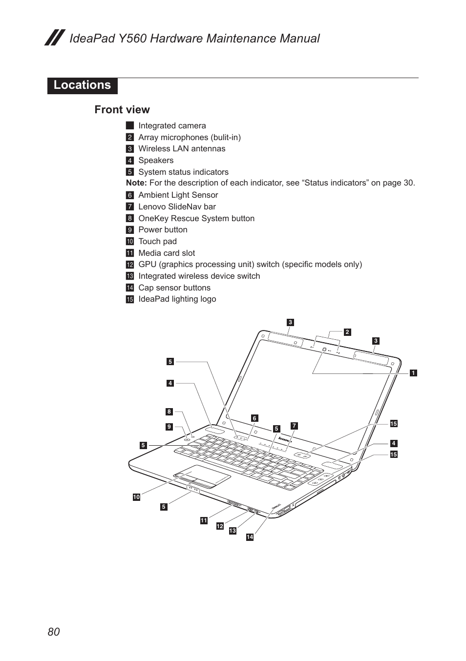 Locations, Front view, Ideapad y560 hardware maintenance manual locations | Lenovo IdeaPad Y560 User Manual | Page 84 / 103