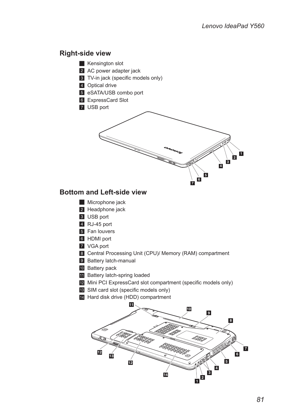 Right-side view, Bottom and left-side view, Lenovo ideapad y560 | Lenovo IdeaPad Y560 User Manual | Page 85 / 103