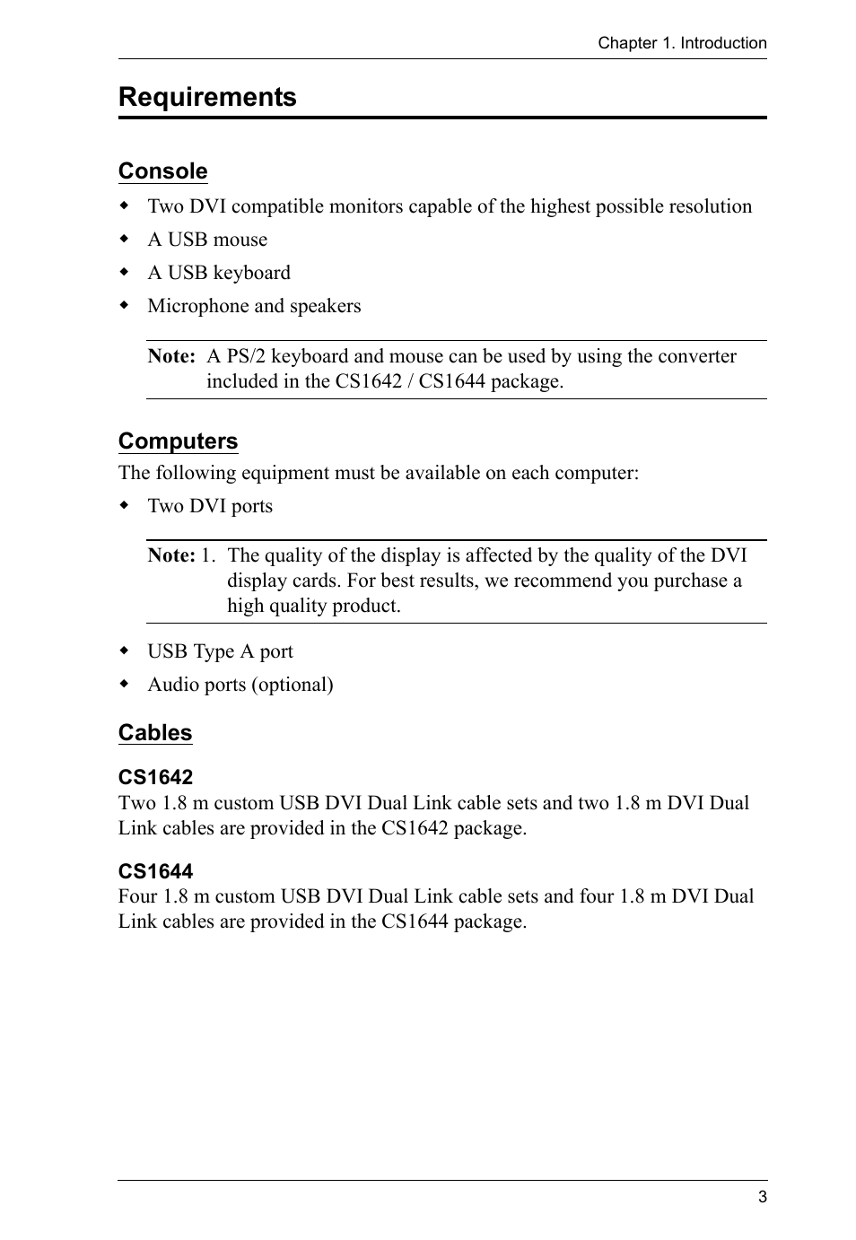 Requirements, Console, Computers | Cables, Cs1642, Cs1644 | ATEN CS1644 User Manual | Page 11 / 46