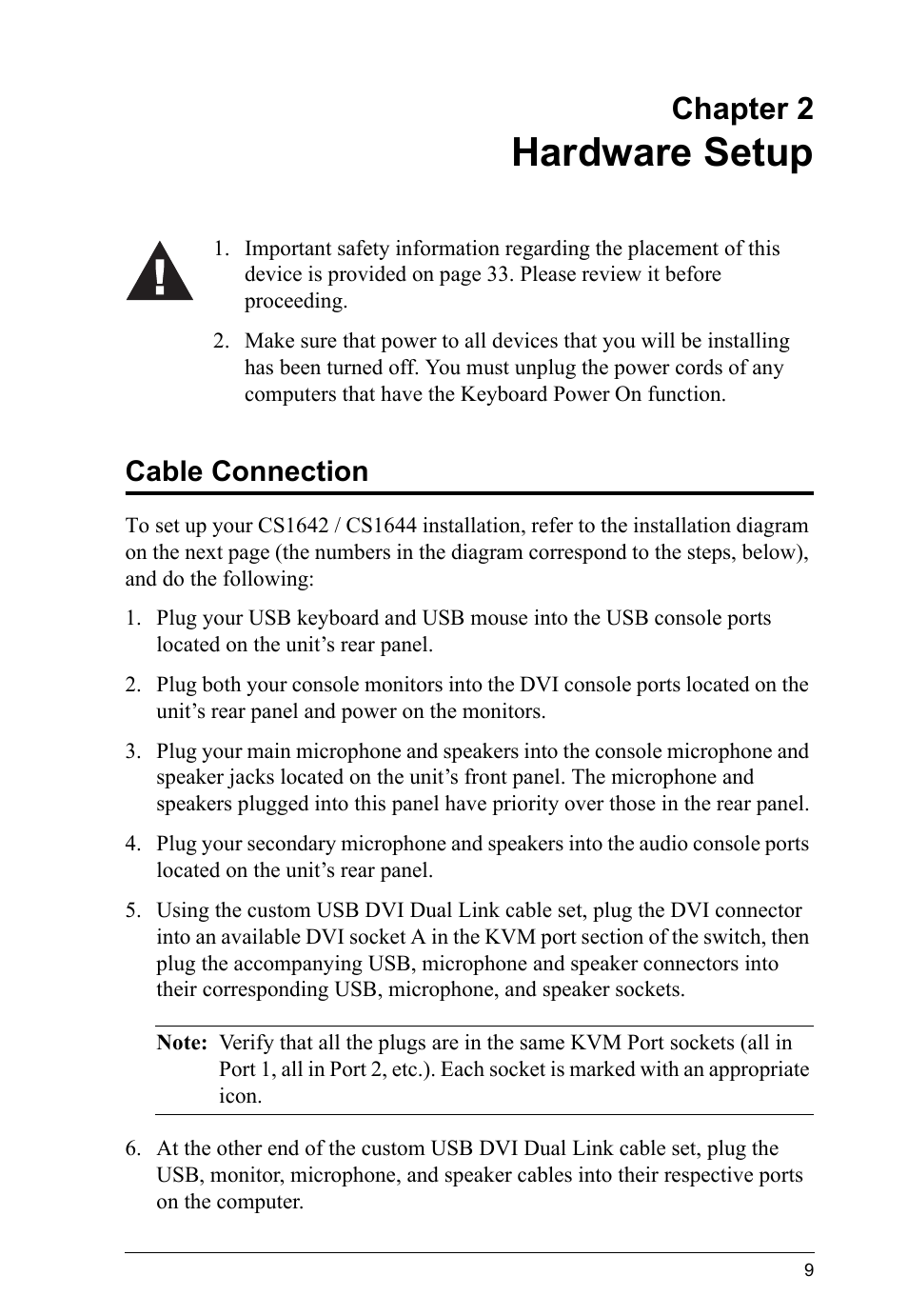 Hardware setup, Cable connection, Chapter 2 | ATEN CS1644 User Manual | Page 17 / 46