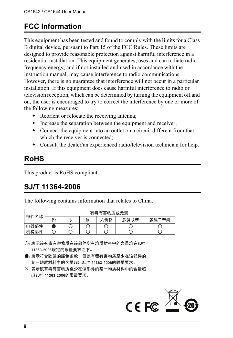 Fcc information, Rohs | ATEN CS1644 User Manual | Page 2 / 46