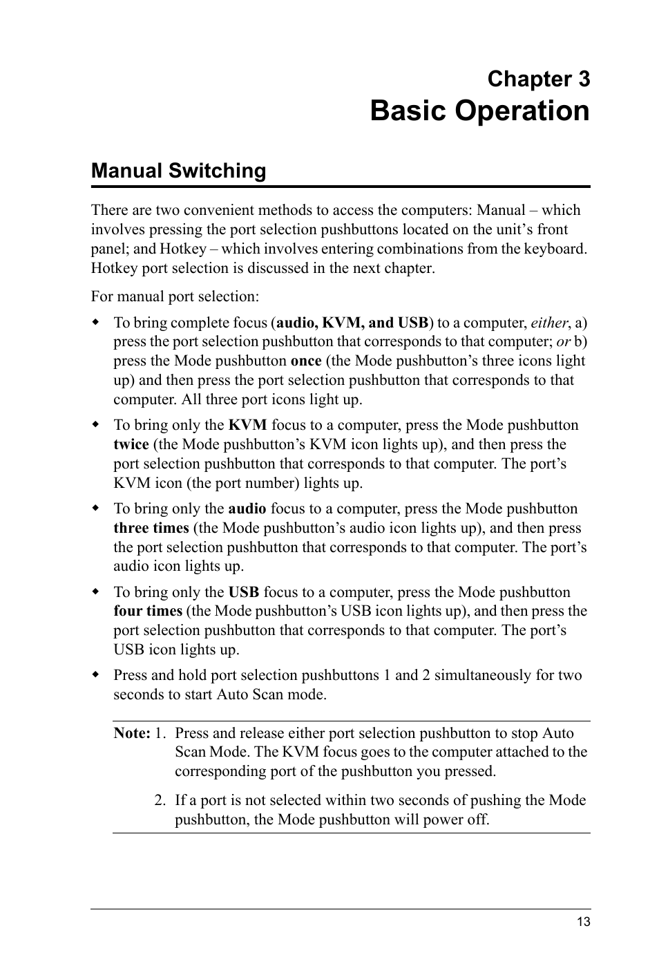 Basic operation, Manual switching, Chapter 3 | ATEN CS1644 User Manual | Page 21 / 46