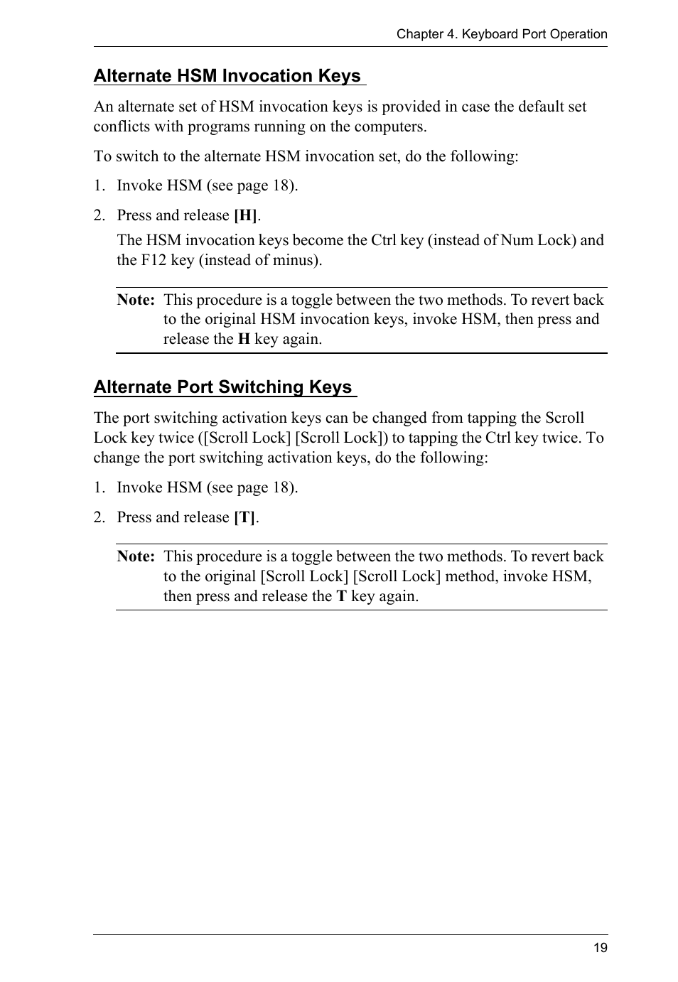 Alternate hsm invocation keys, Alternate port switching keys | ATEN CS1644 User Manual | Page 27 / 46