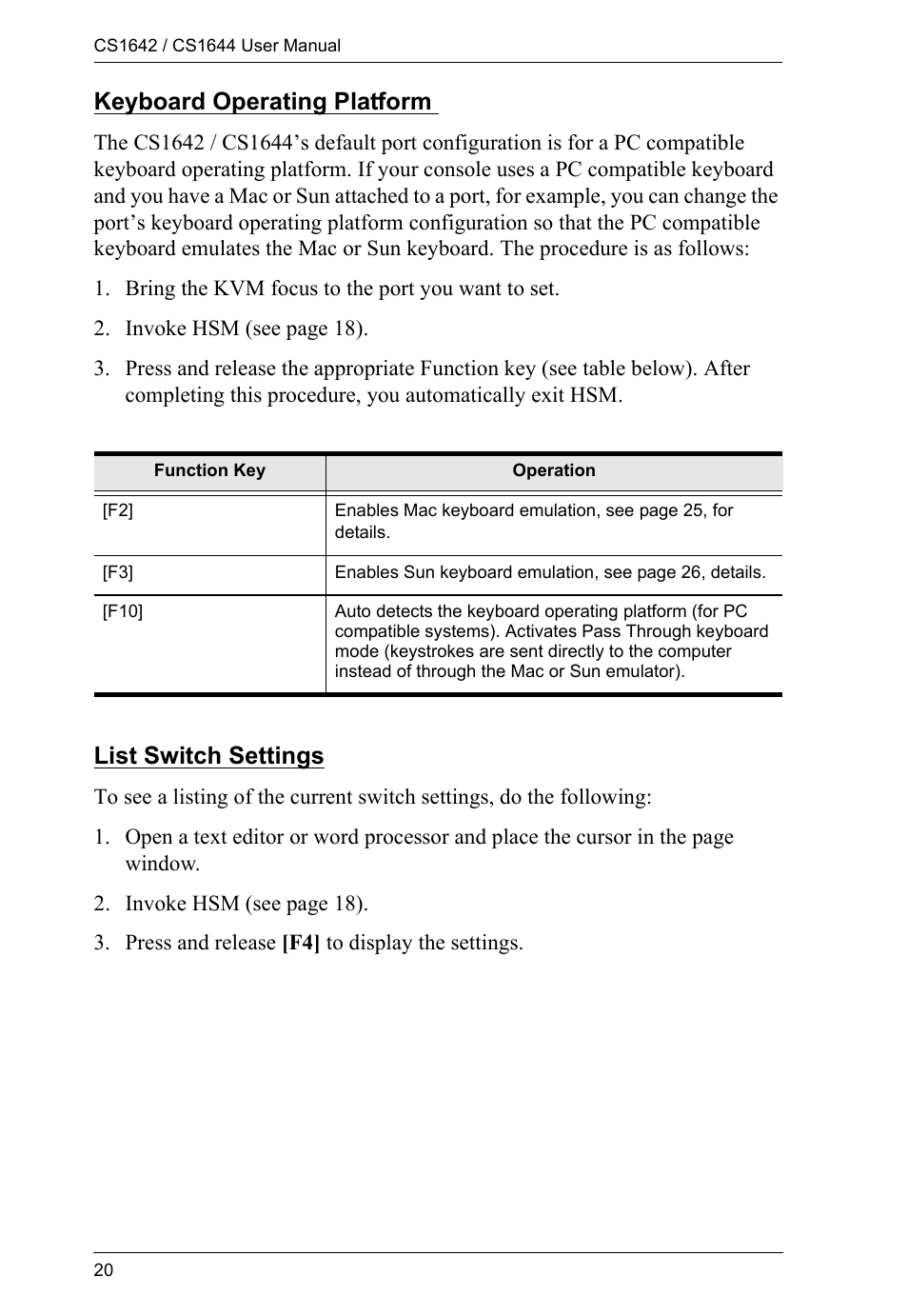 Keyboard operating platform, List switch settings | ATEN CS1644 User Manual | Page 28 / 46