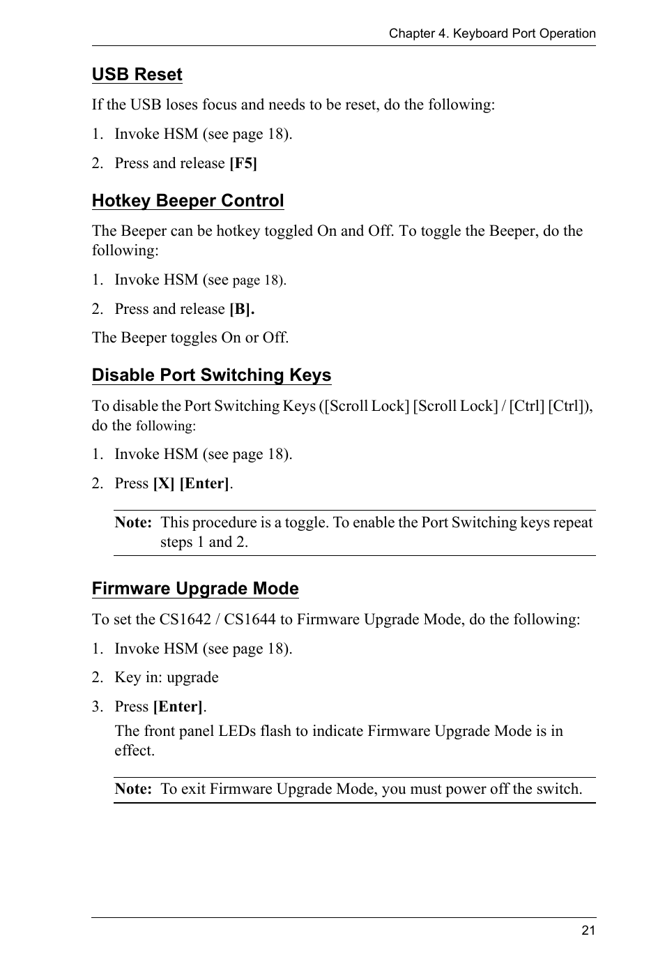 Usb reset, Hotkey beeper control, Disable port switching keys | Firmware upgrade mode | ATEN CS1644 User Manual | Page 29 / 46