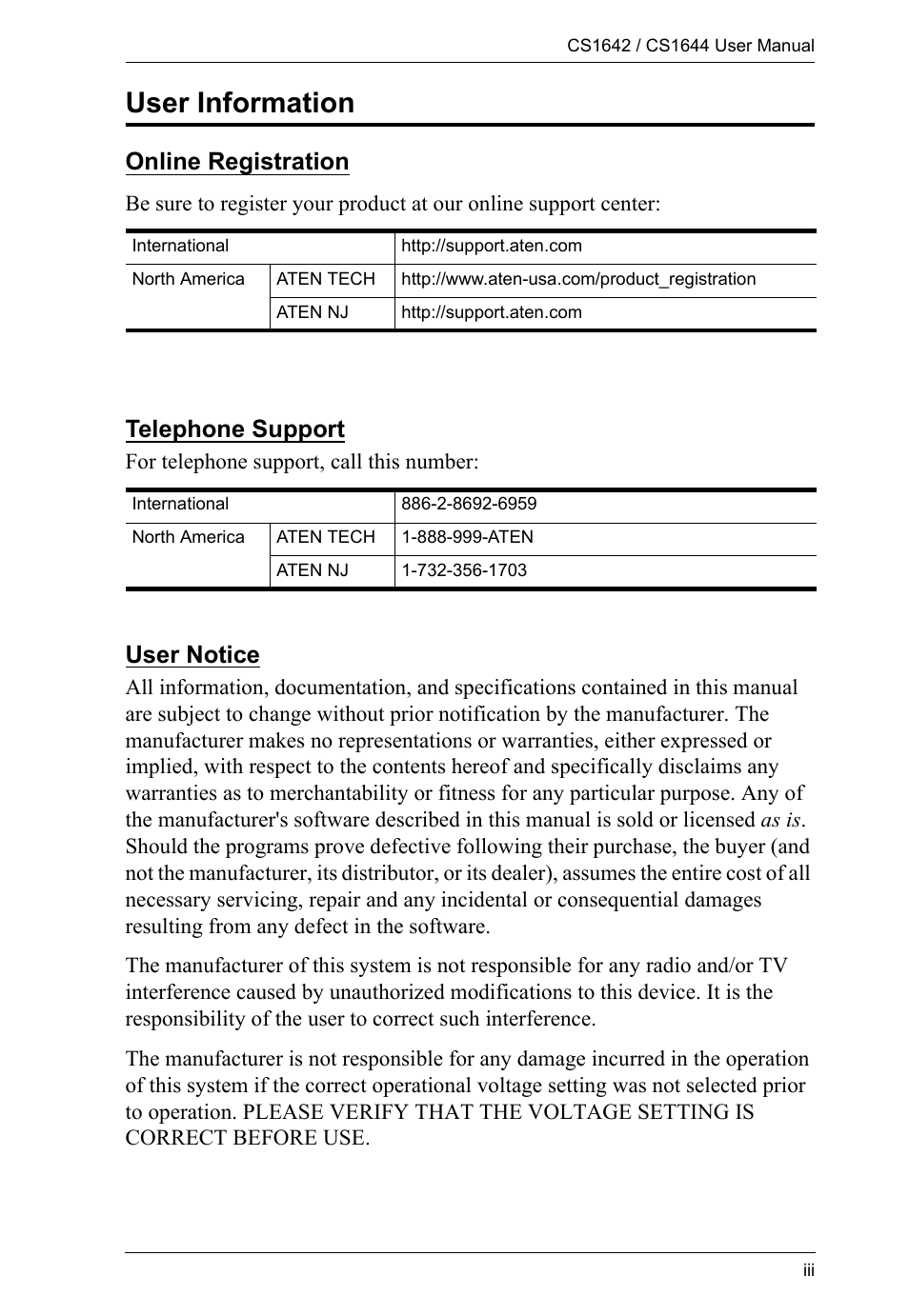 User information, Online registration, Telephone support | User notice | ATEN CS1644 User Manual | Page 3 / 46