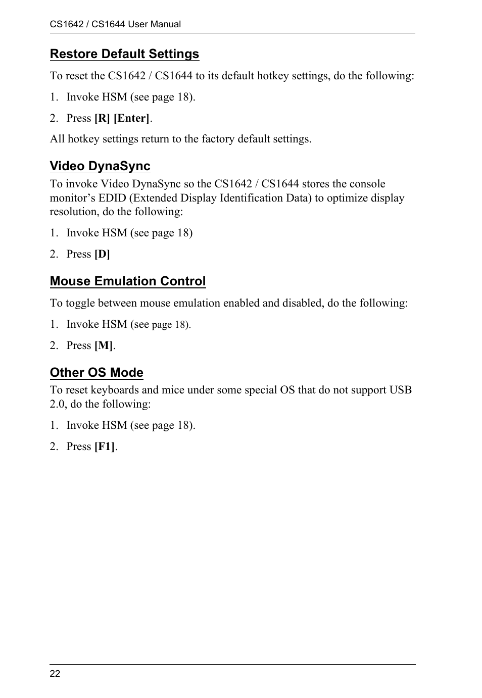 Restore default settings, Video dynasync, Mouse emulation control | Other os mode | ATEN CS1644 User Manual | Page 30 / 46