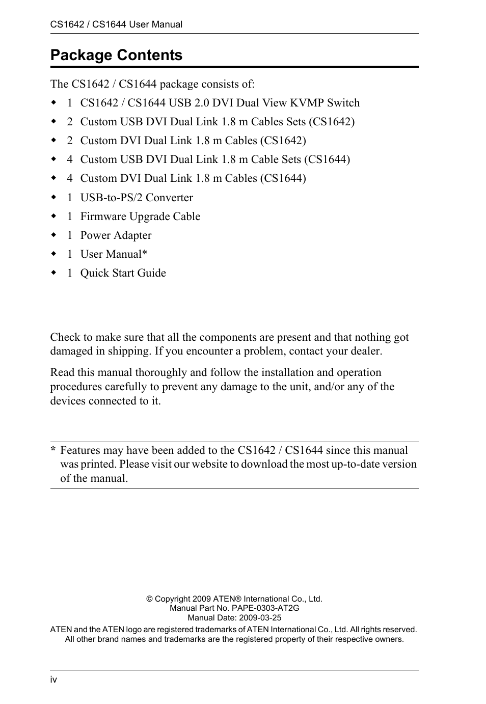 Package contents | ATEN CS1644 User Manual | Page 4 / 46