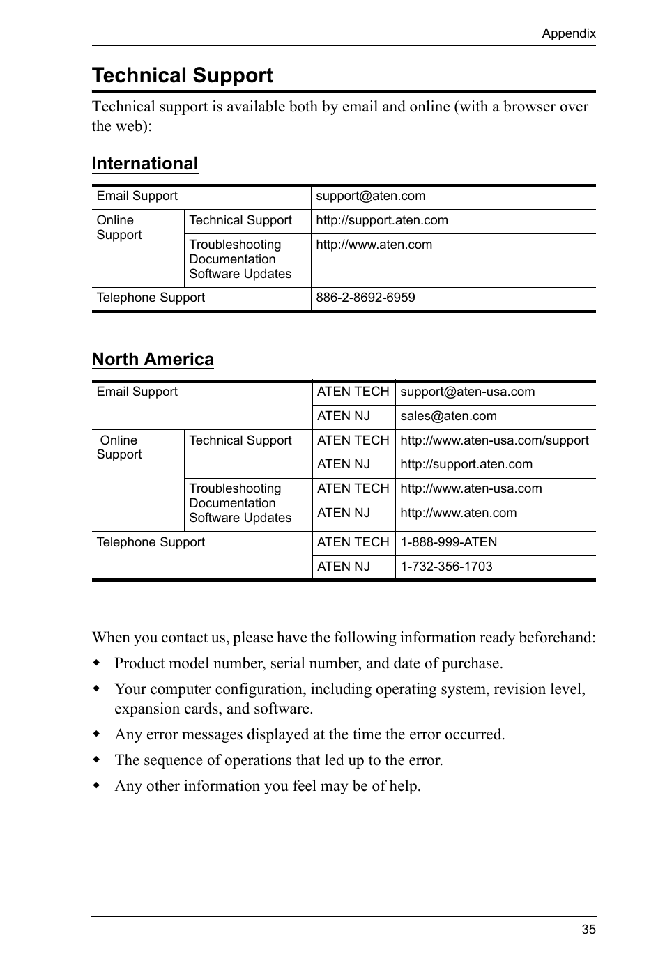 Technical support, International, North america | International north america | ATEN CS1644 User Manual | Page 43 / 46