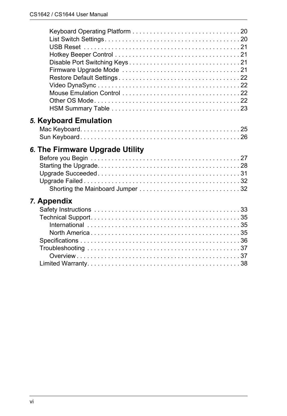 Keyboard emulation, The firmware upgrade utility, Appendix | ATEN CS1644 User Manual | Page 6 / 46
