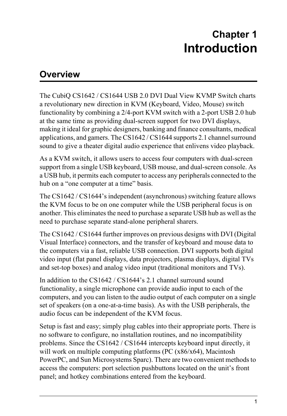 Introduction, Overview, Chapter 1 | ATEN CS1644 User Manual | Page 9 / 46