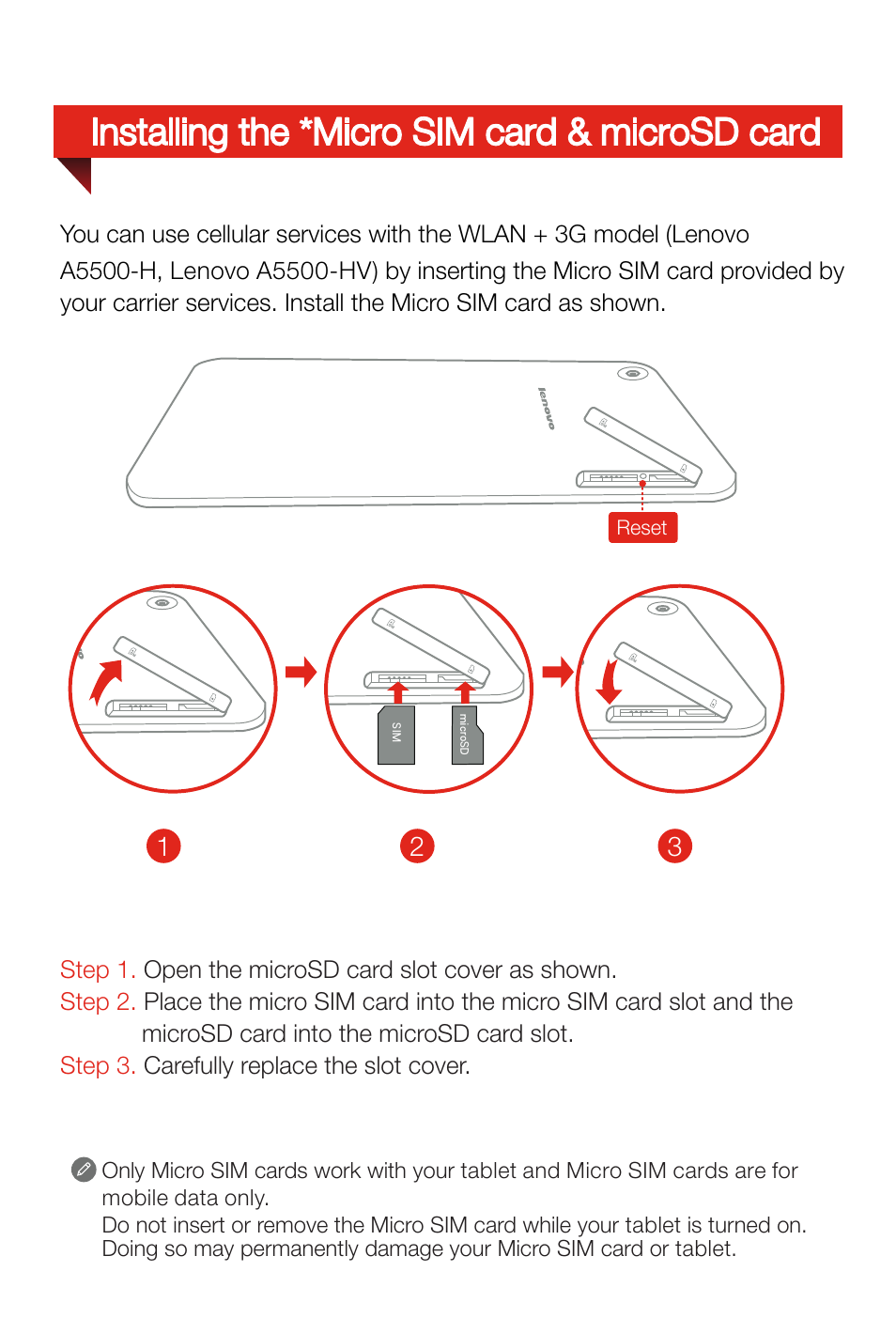 Installing the *micro sim card & microsd card | Lenovo A8-50 Tablet User Manual | Page 4 / 6