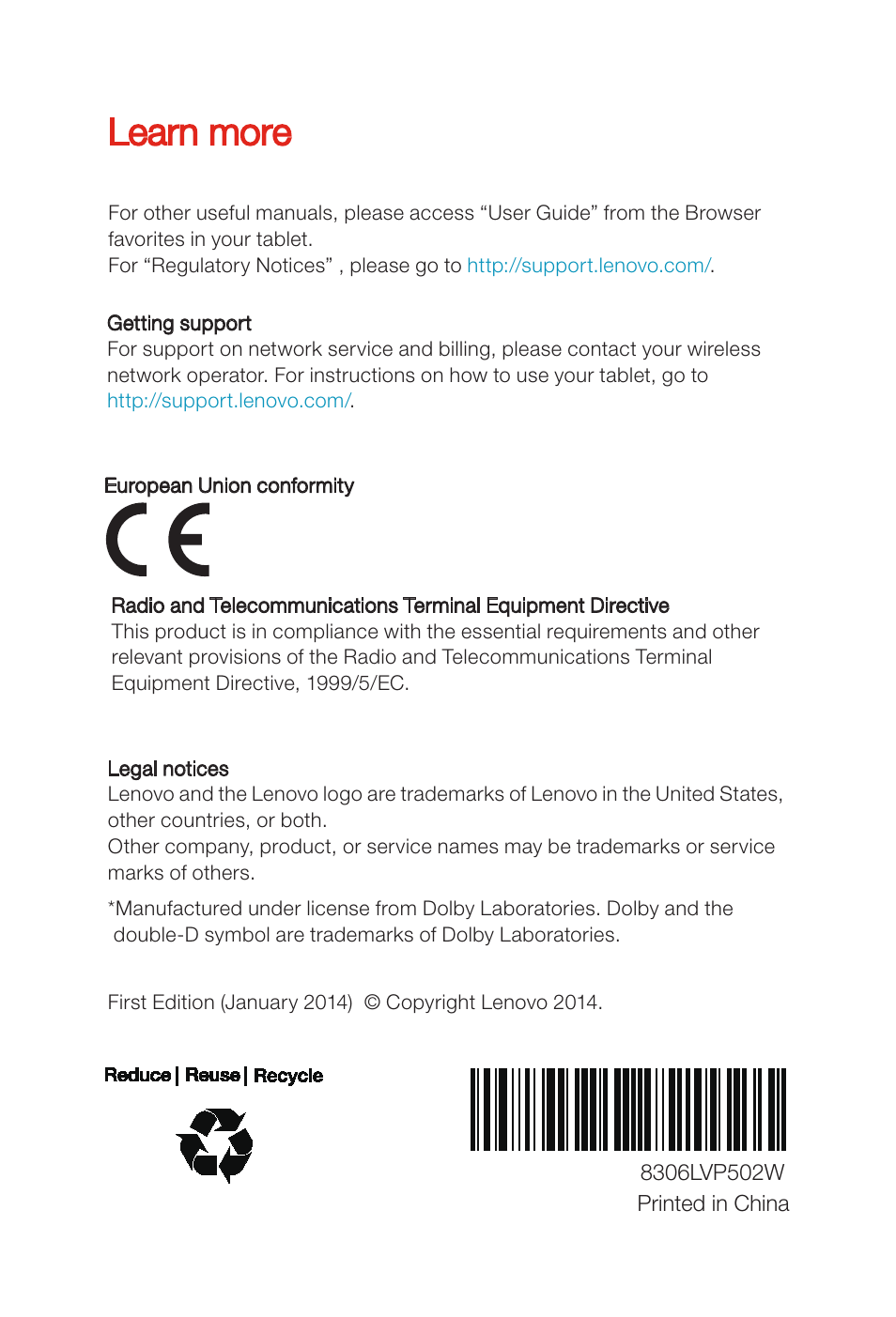 Learn more | Lenovo A8-50 Tablet User Manual | Page 6 / 6