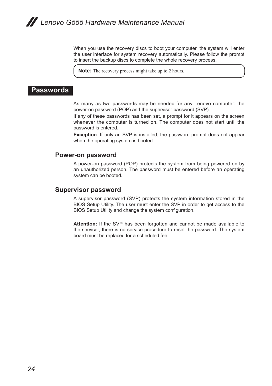 Passwords, Power-on password, Supervisor password | Lenovo g555 hardware maintenance manual | Lenovo G555 Notebook User Manual | Page 28 / 92