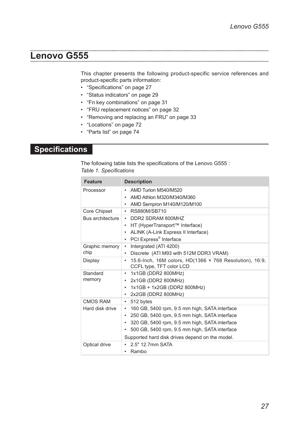 Lenovo g555, Specifications | Lenovo G555 Notebook User Manual | Page 31 / 92