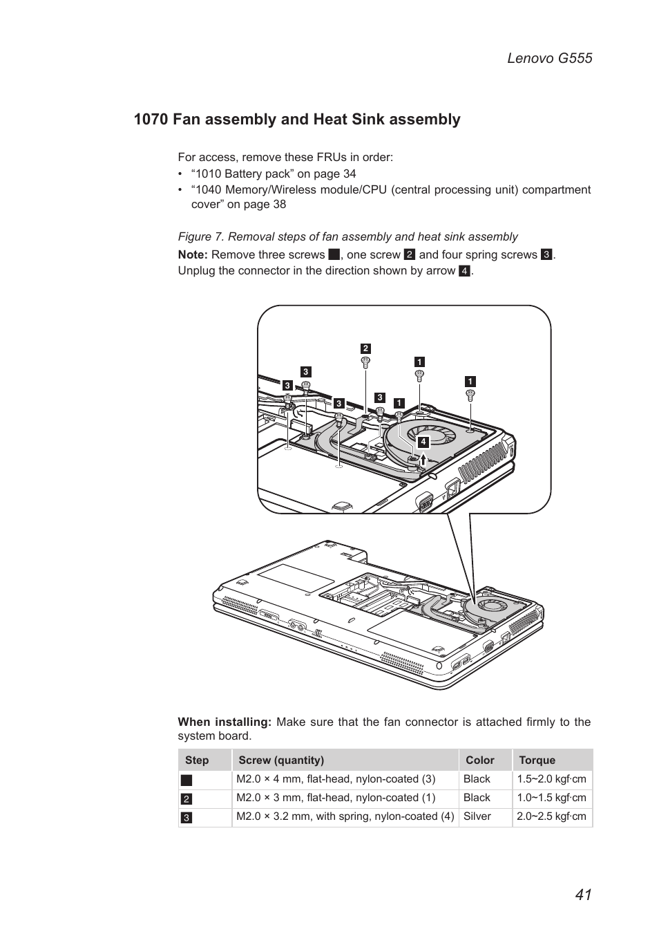 1070 fan assembly and heat sink assembly, Lenovo g555 | Lenovo G555 Notebook User Manual | Page 45 / 92