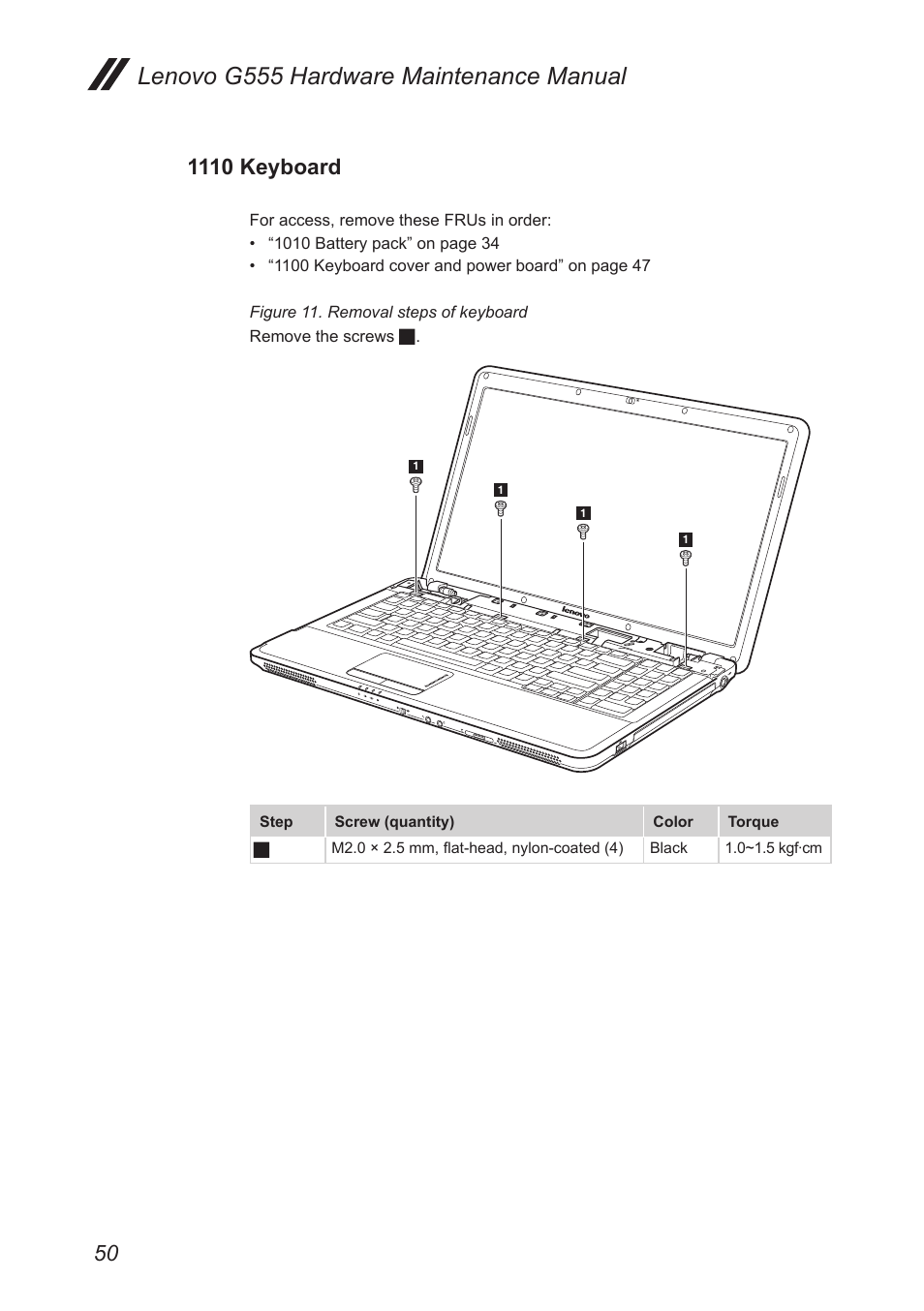 1110 keyboard, Lenovo g555 hardware maintenance manual | Lenovo G555 Notebook User Manual | Page 54 / 92