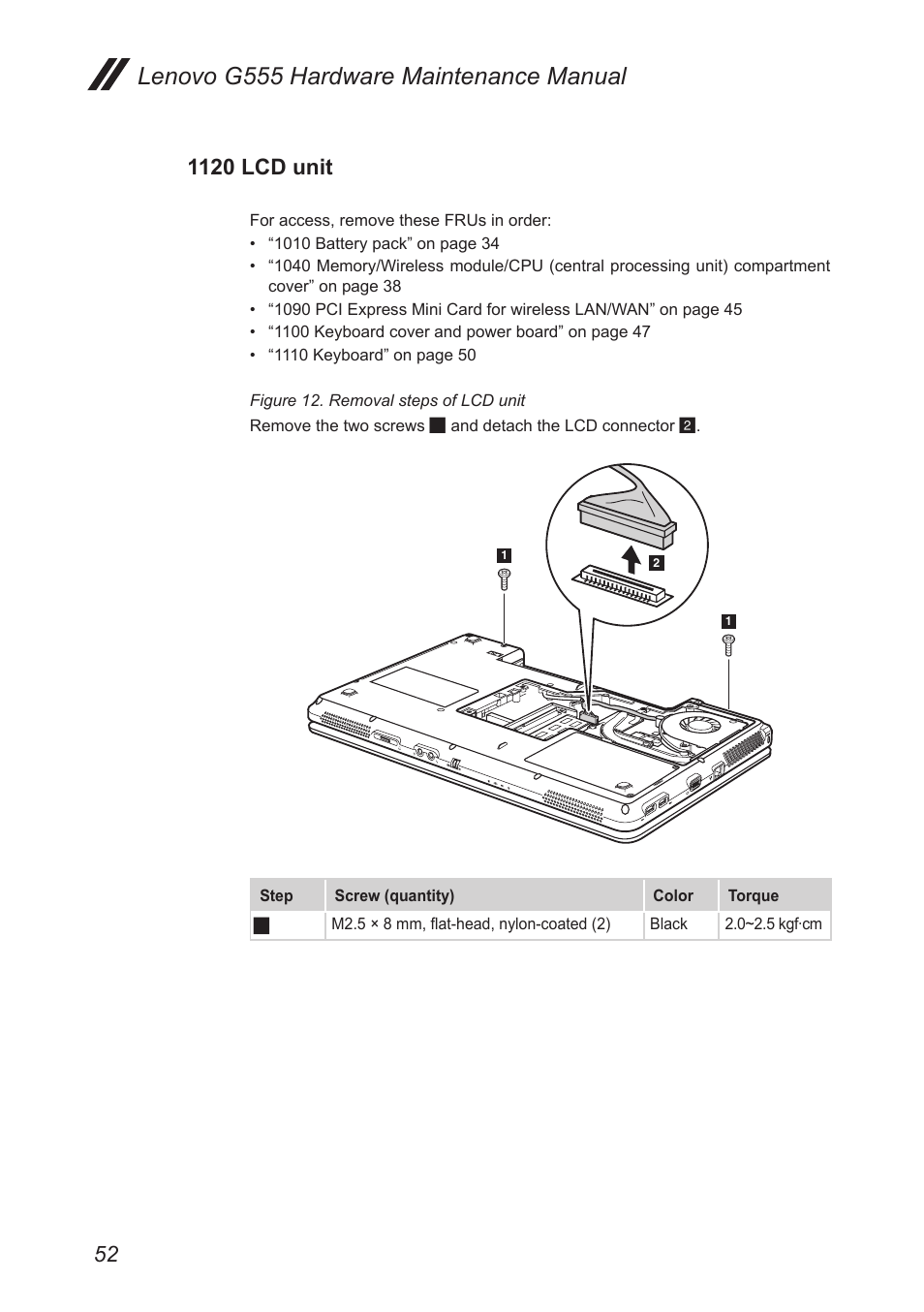 1120 lcd unit, Lenovo g555 hardware maintenance manual | Lenovo G555 Notebook User Manual | Page 56 / 92