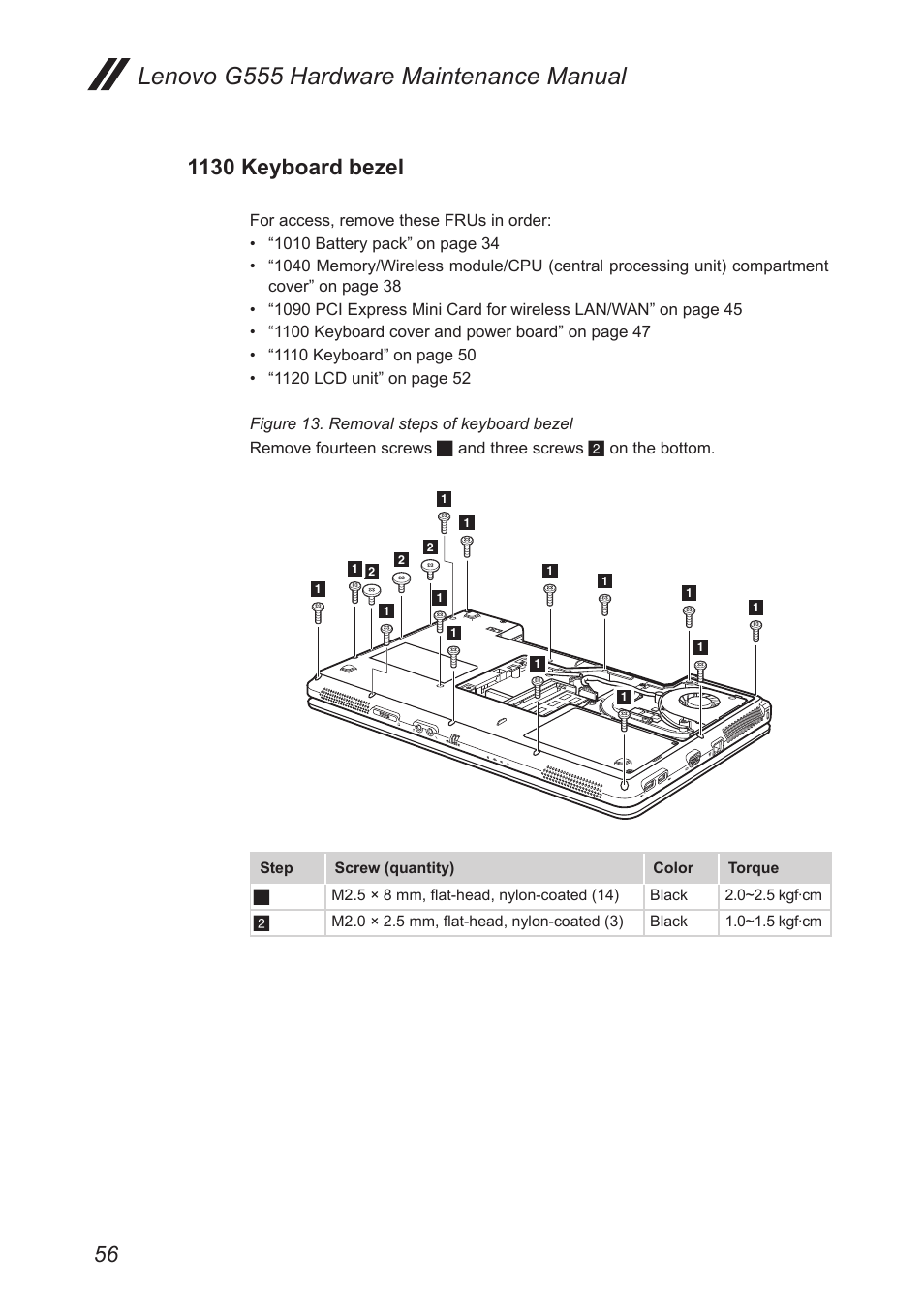 1130 keyboard bezel, Lenovo g555 hardware maintenance manual | Lenovo G555 Notebook User Manual | Page 60 / 92
