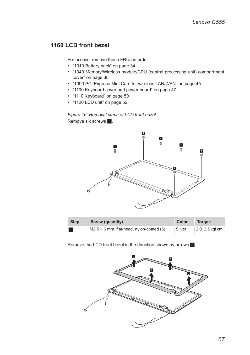 1160 lcd front bezel, Lenovo g555 | Lenovo G555 Notebook User Manual | Page 71 / 92