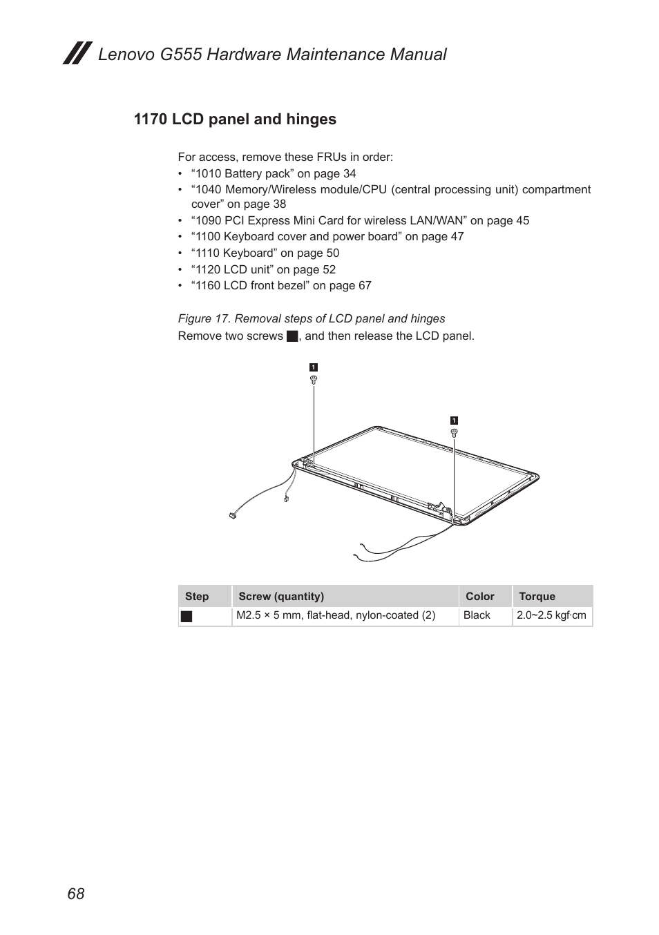 1170 lcd panel and hinges, Lenovo g555 hardware maintenance manual | Lenovo G555 Notebook User Manual | Page 72 / 92