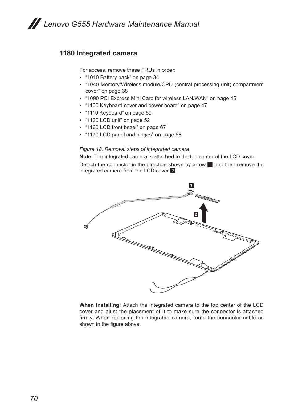 1180 integrated camera, Lenovo g555 hardware maintenance manual | Lenovo G555 Notebook User Manual | Page 74 / 92