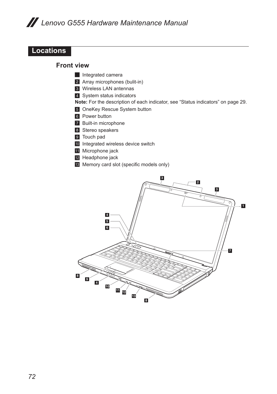 Locations, Front view, Lenovo g555 hardware maintenance manual locations | Lenovo G555 Notebook User Manual | Page 76 / 92