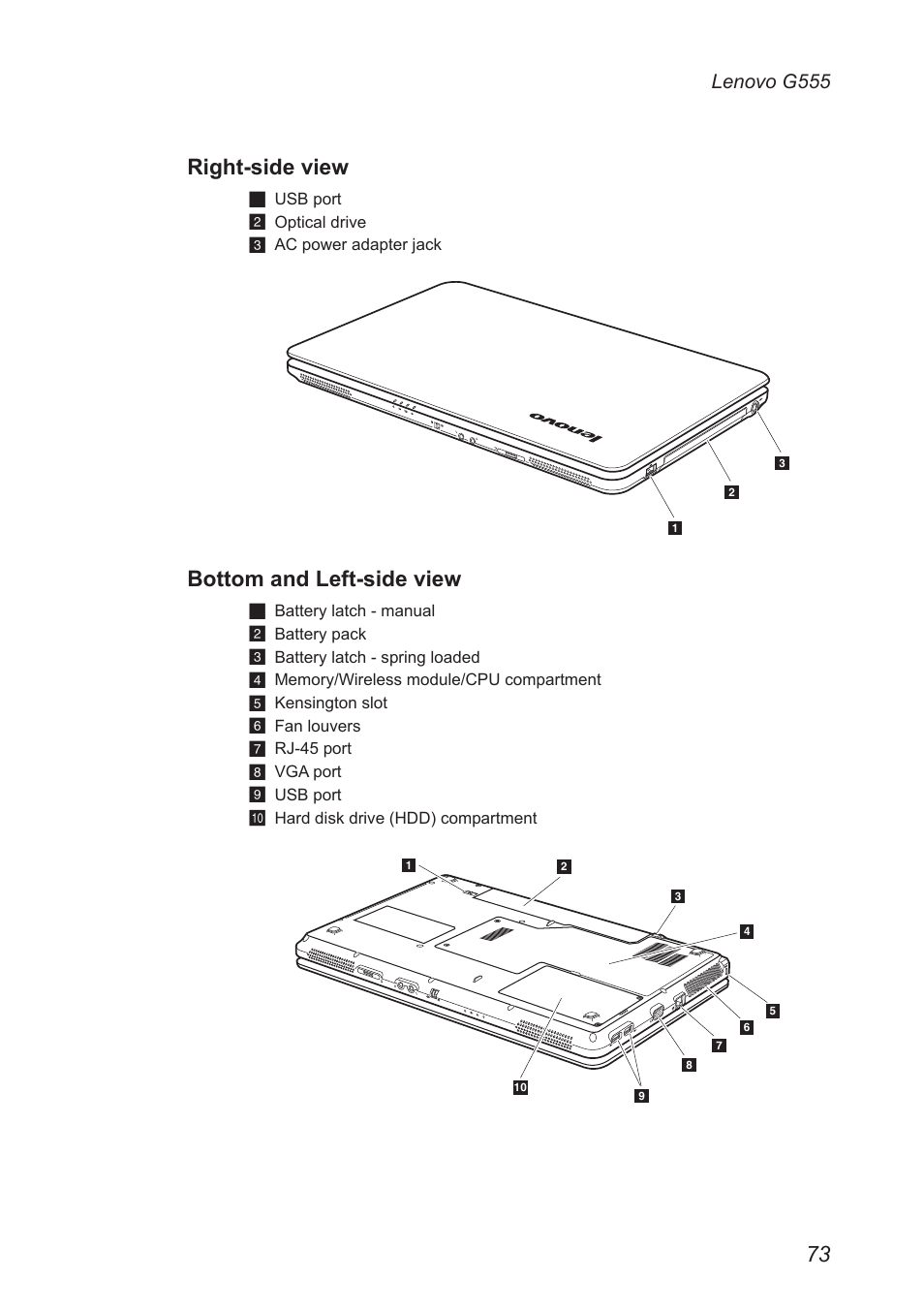 Right-side view, Bottom and left-side view, Lenovo g555 | Lenovo G555 Notebook User Manual | Page 77 / 92