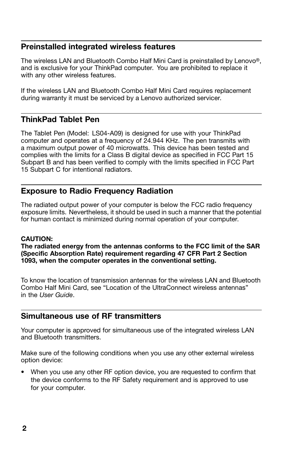 Preinstalled integrated wireless features, Thinkpad tablet pen, Exposure to radio frequency radiation | Simultaneous use of rf transmitters | Lenovo ThinkPad Tablet User Manual | Page 2 / 10