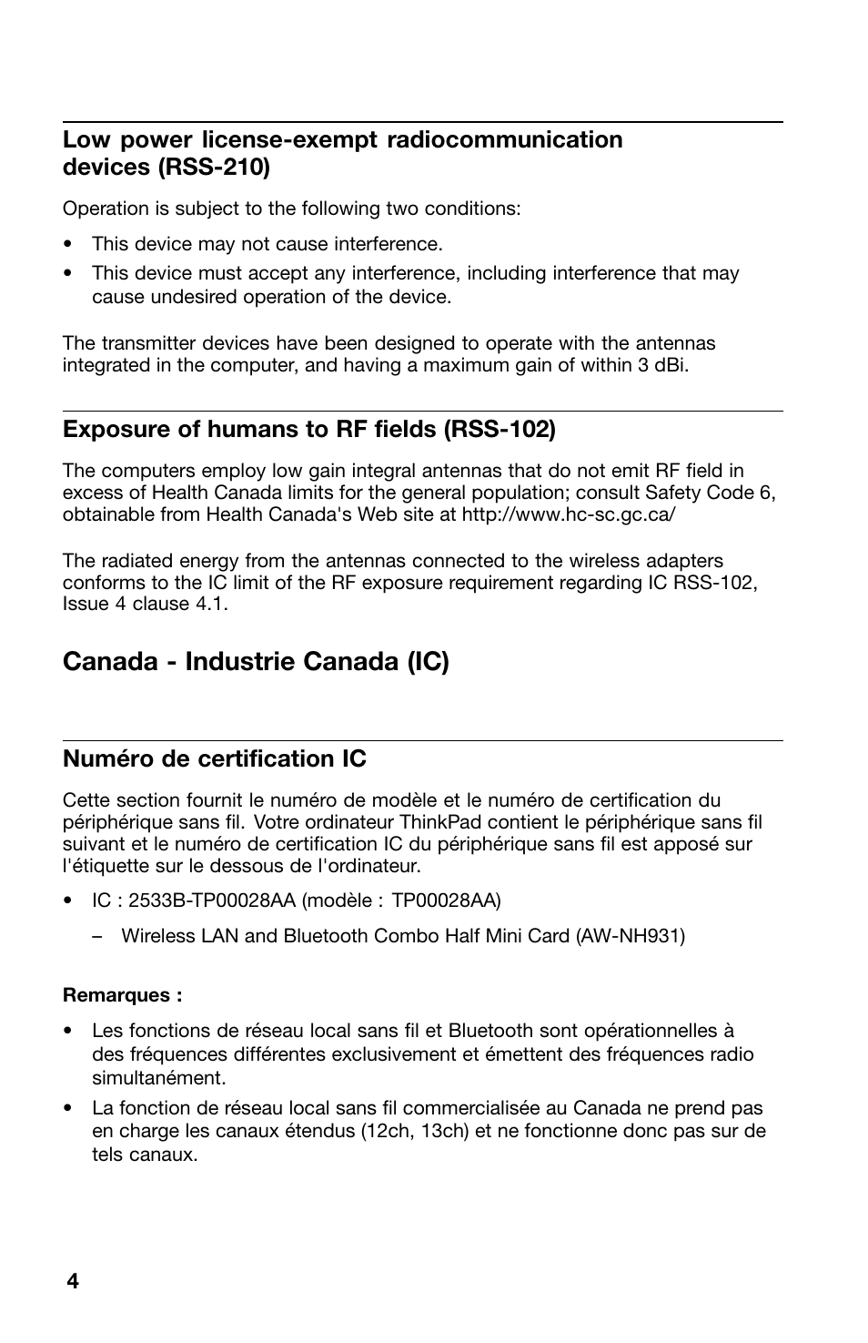 Exposure of humans to rf fields (rss-102), Canada - industrie canada (ic), Numéro de certification ic | Lenovo ThinkPad Tablet User Manual | Page 4 / 10