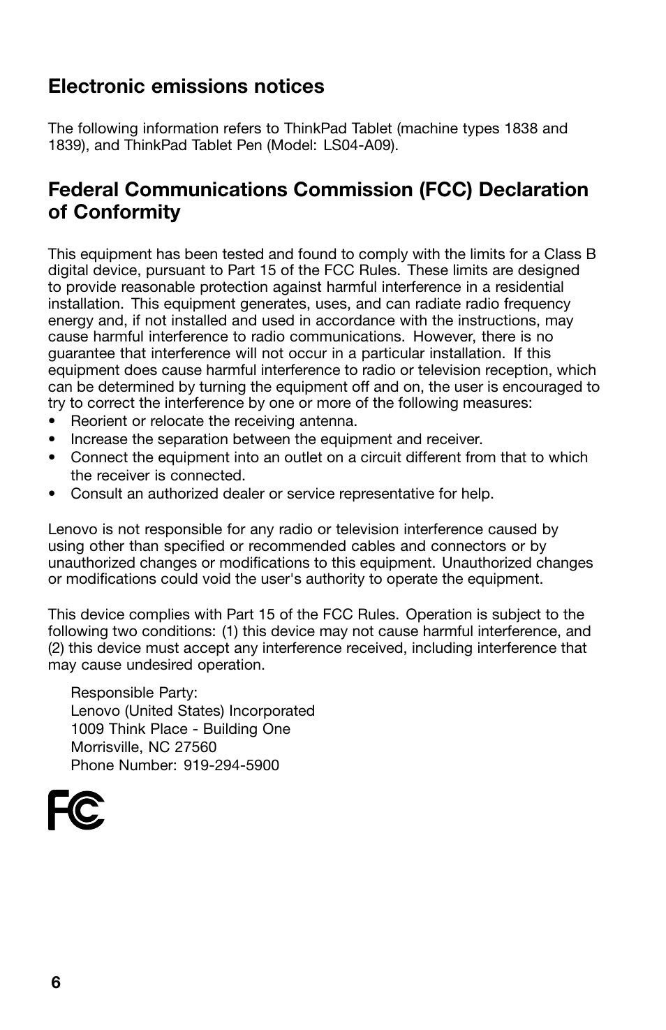 Electronic emissions notices | Lenovo ThinkPad Tablet User Manual | Page 6 / 10