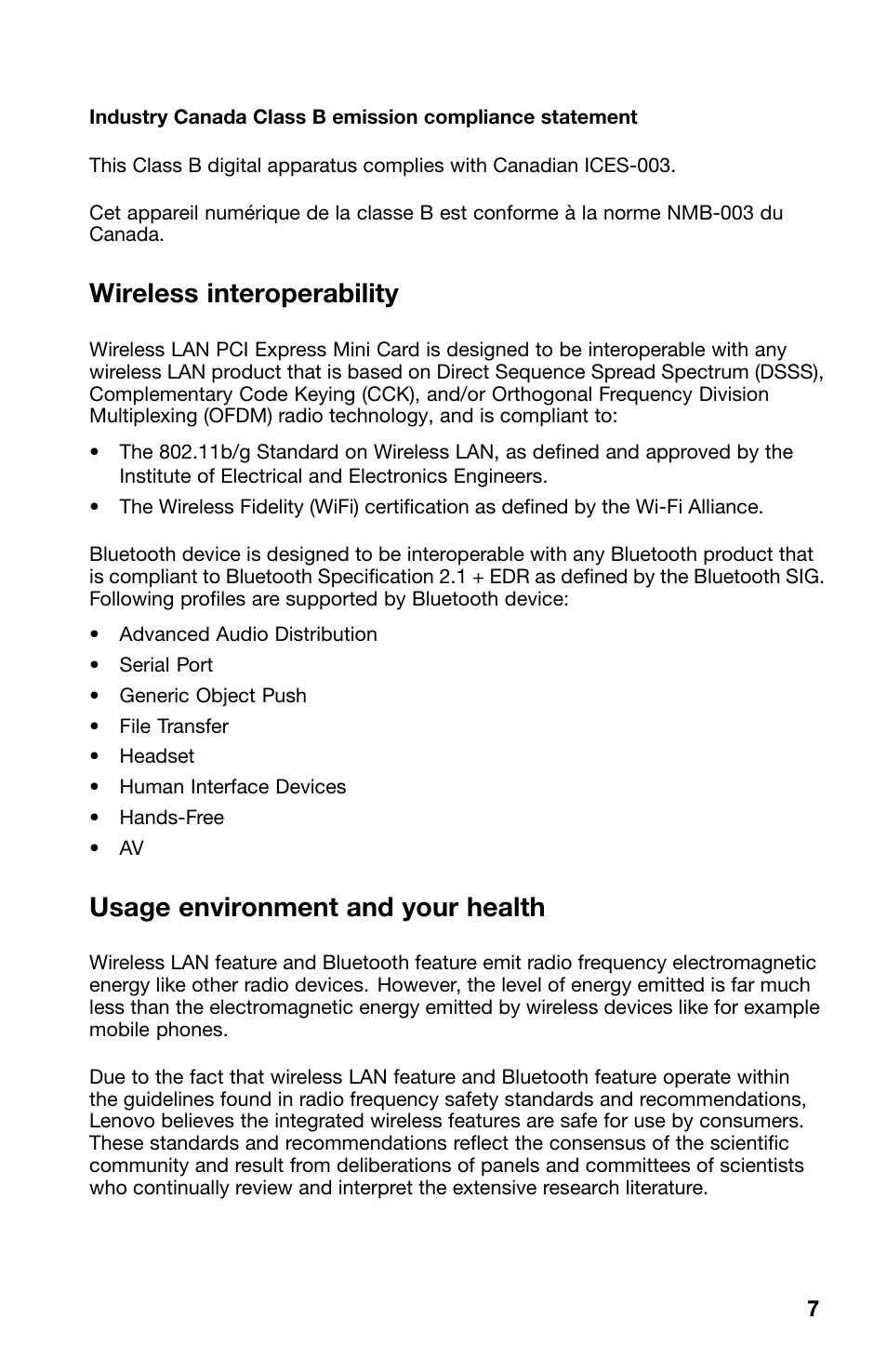 Wireless interoperability, Usage environment and your health | Lenovo ThinkPad Tablet User Manual | Page 7 / 10