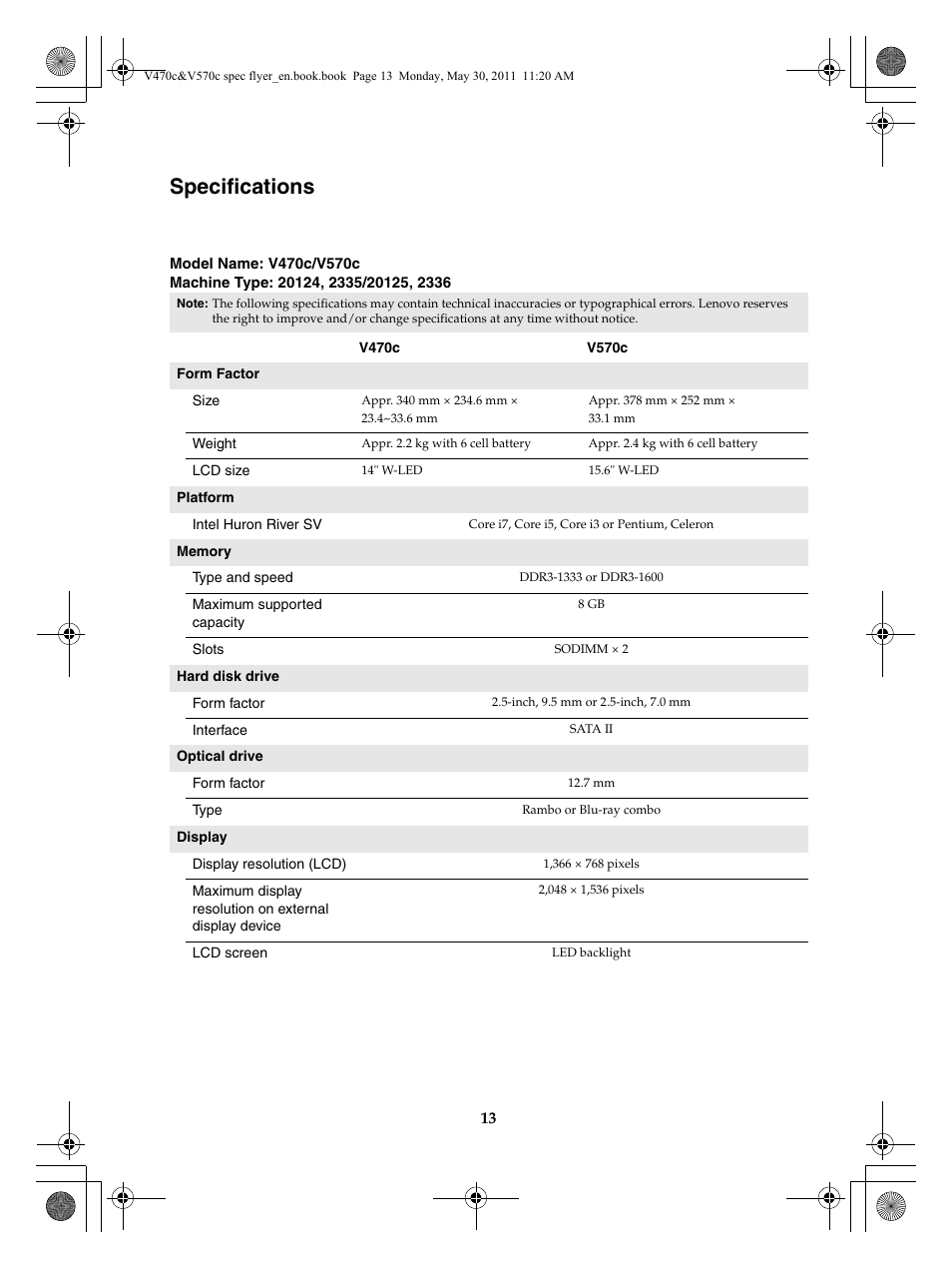 Specifications | Lenovo V470c Notebook User Manual | Page 13 / 16