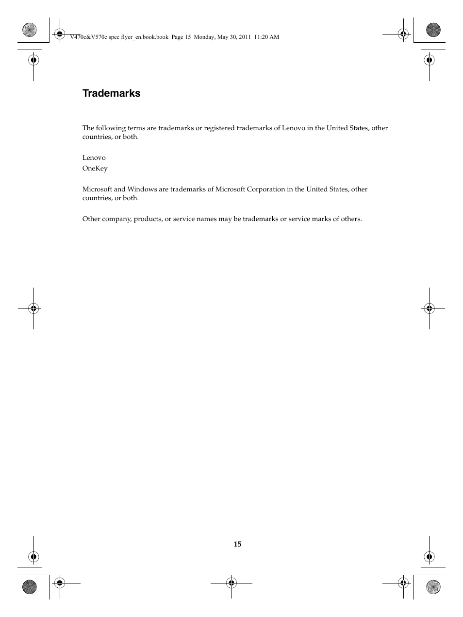Trademarks | Lenovo V470c Notebook User Manual | Page 15 / 16