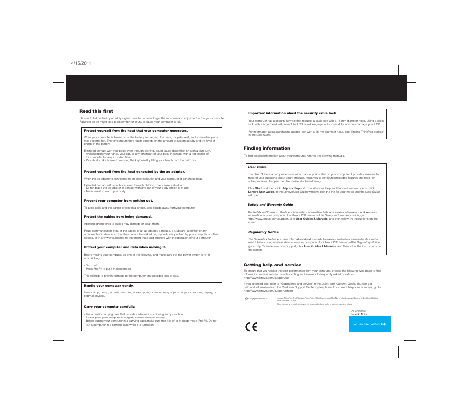 Thinkpad x121e setup poster | Lenovo ThinkPad X121e User Manual | Page 2 / 2