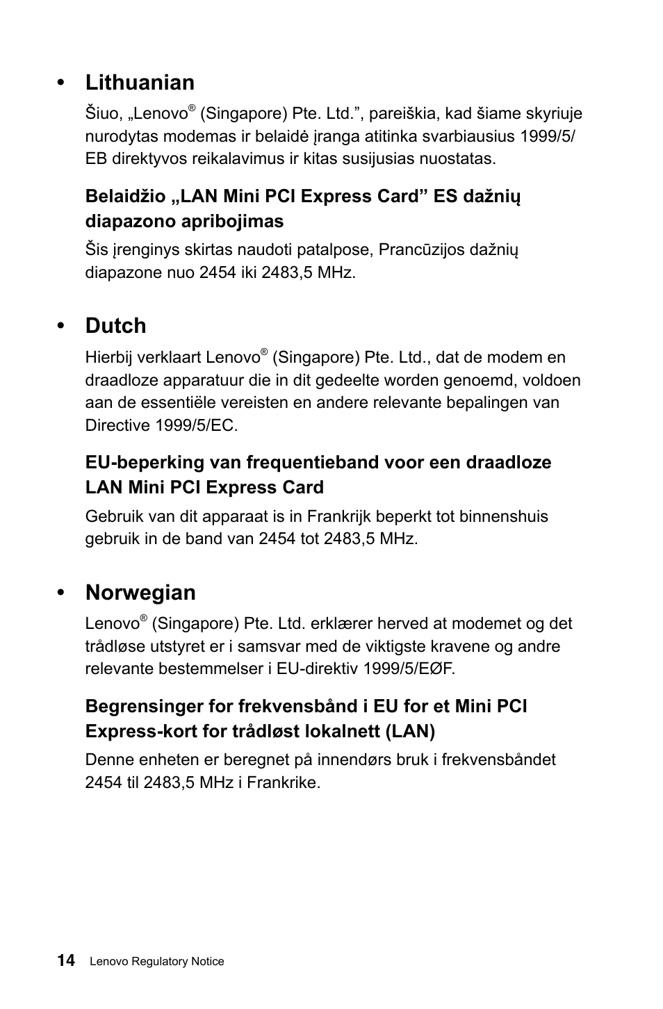 Lithuanian, Dutch, Norwegian | Lenovo IdeaCentre A720 User Manual | Page 15 / 29