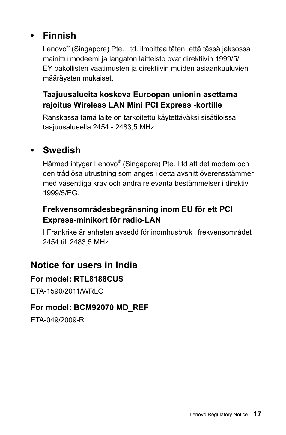 Finnish, Swedish, Notice for users in india | Lenovo IdeaCentre A720 User Manual | Page 18 / 29