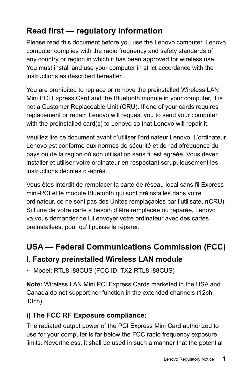 Read first — regulatory information, Usa — federal communications commission (fcc) | Lenovo IdeaCentre A720 User Manual | Page 2 / 29