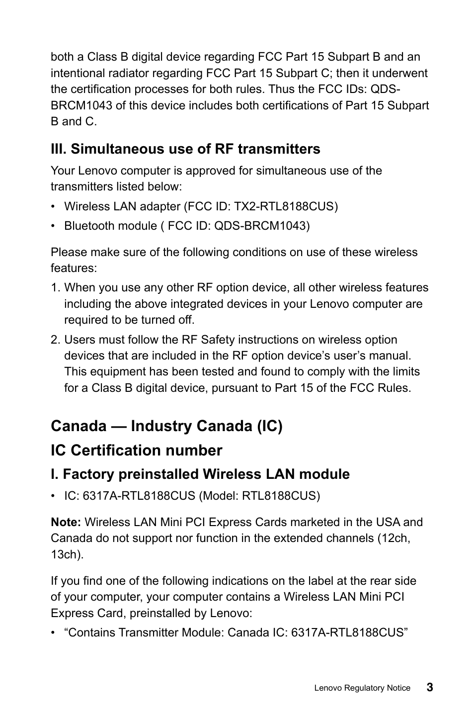 Iii. simultaneous use of rf transmitters, I. factory preinstalled wireless lan module | Lenovo IdeaCentre A720 User Manual | Page 4 / 29