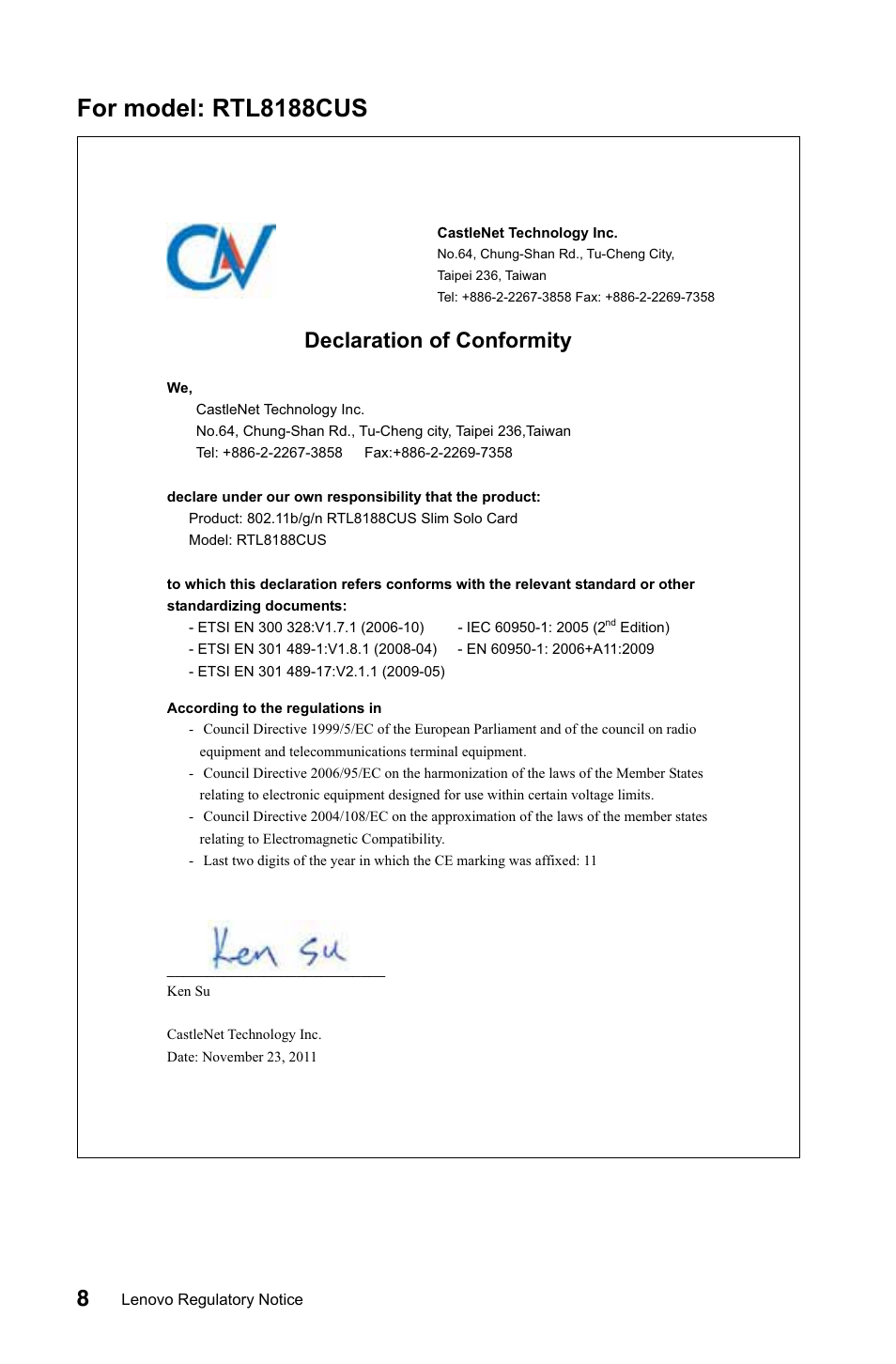 For model: rtl8188cus, Declaration of conformity | Lenovo IdeaCentre A720 User Manual | Page 9 / 29