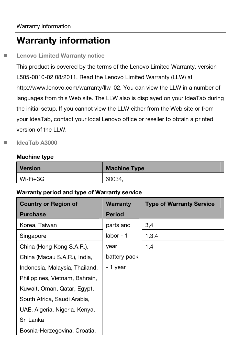 Warranty information | Lenovo A3000 Tablet User Manual | Page 9 / 23