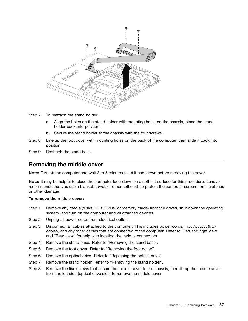 Removing the middle cover | Lenovo C445 All-in-One User Manual | Page 43 / 65